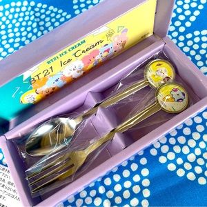 NIB BT21 Ice Cream Dessert Spoon and Fork Set Chimmy and Mang in Giftbox